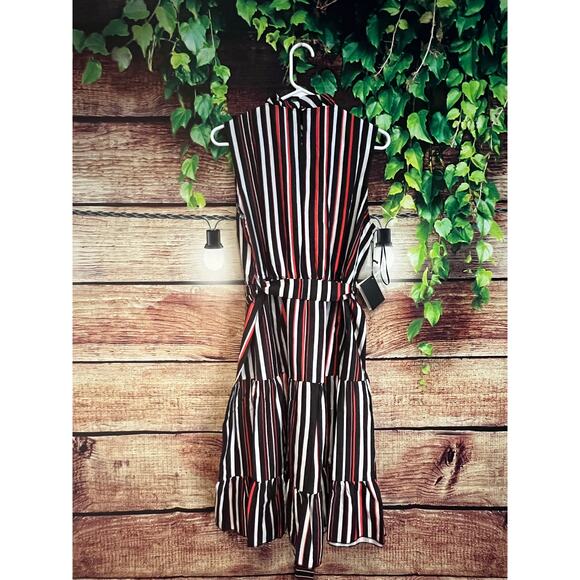 Area Stars Striped Belted Tiered Dress L Midi Holiday Party Workwear Sleeveless - Picture 4 of 6